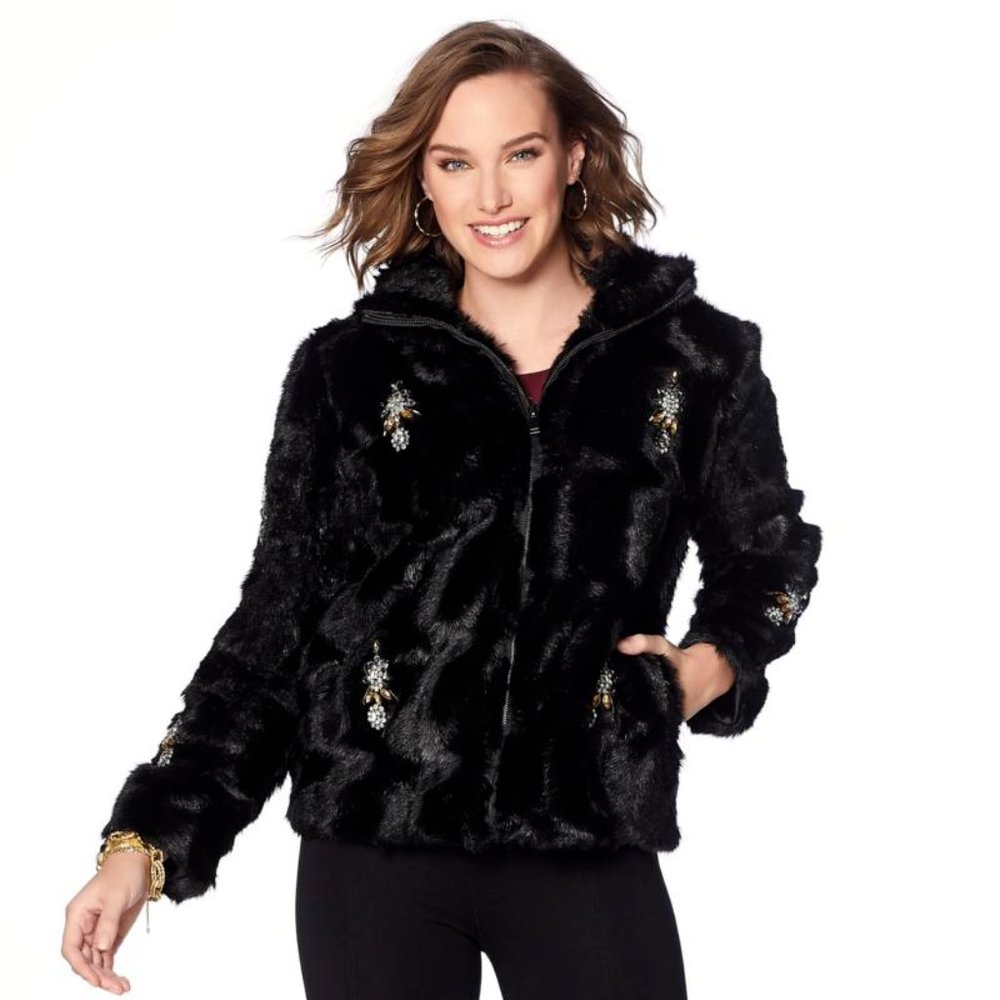 COLLEEN LOPEZ Faux Fur Glam JEWEL EMBELLISHED JACKET Size Medium 10-12